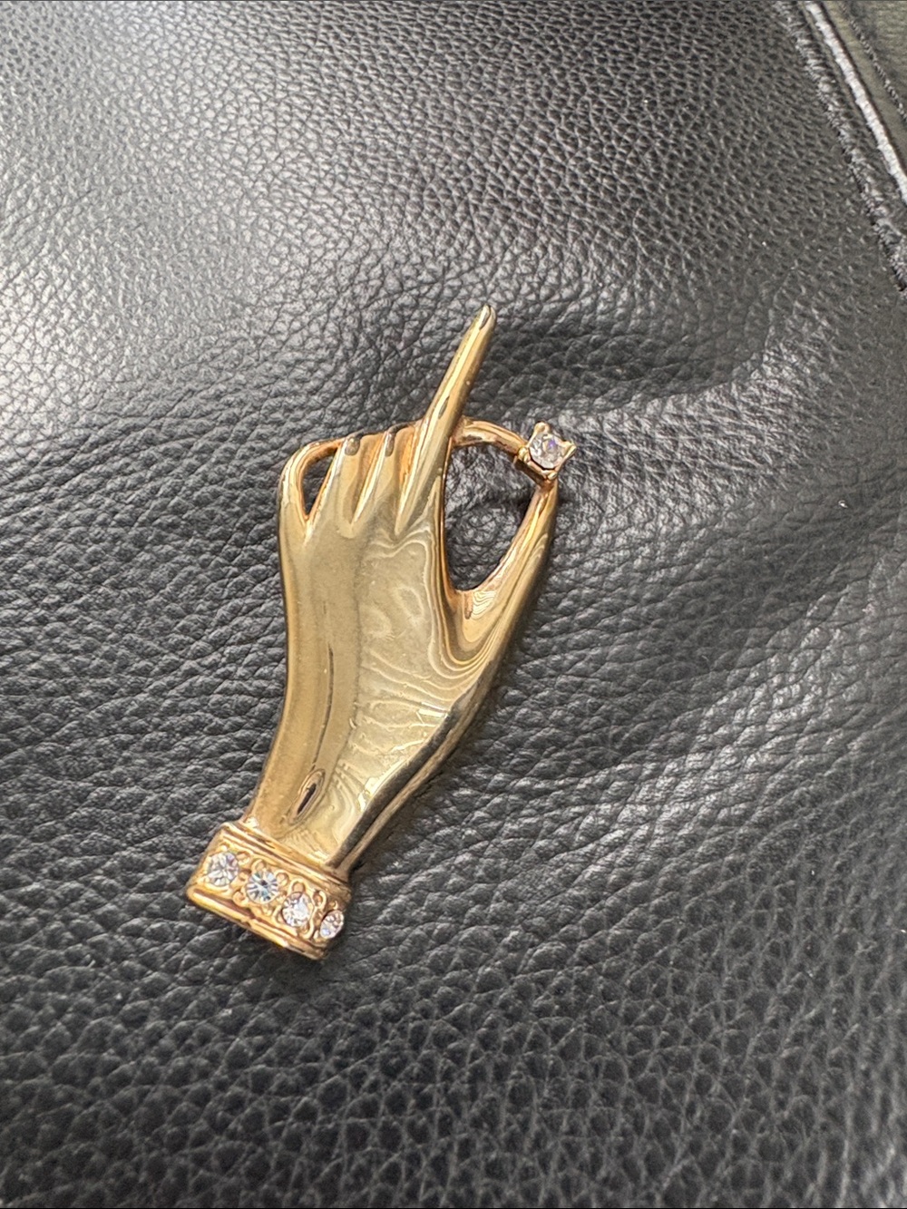 Vintage Gold Colour Hand-Shaped Pin Brooch with Rhinestone Accents ( M.Jent)